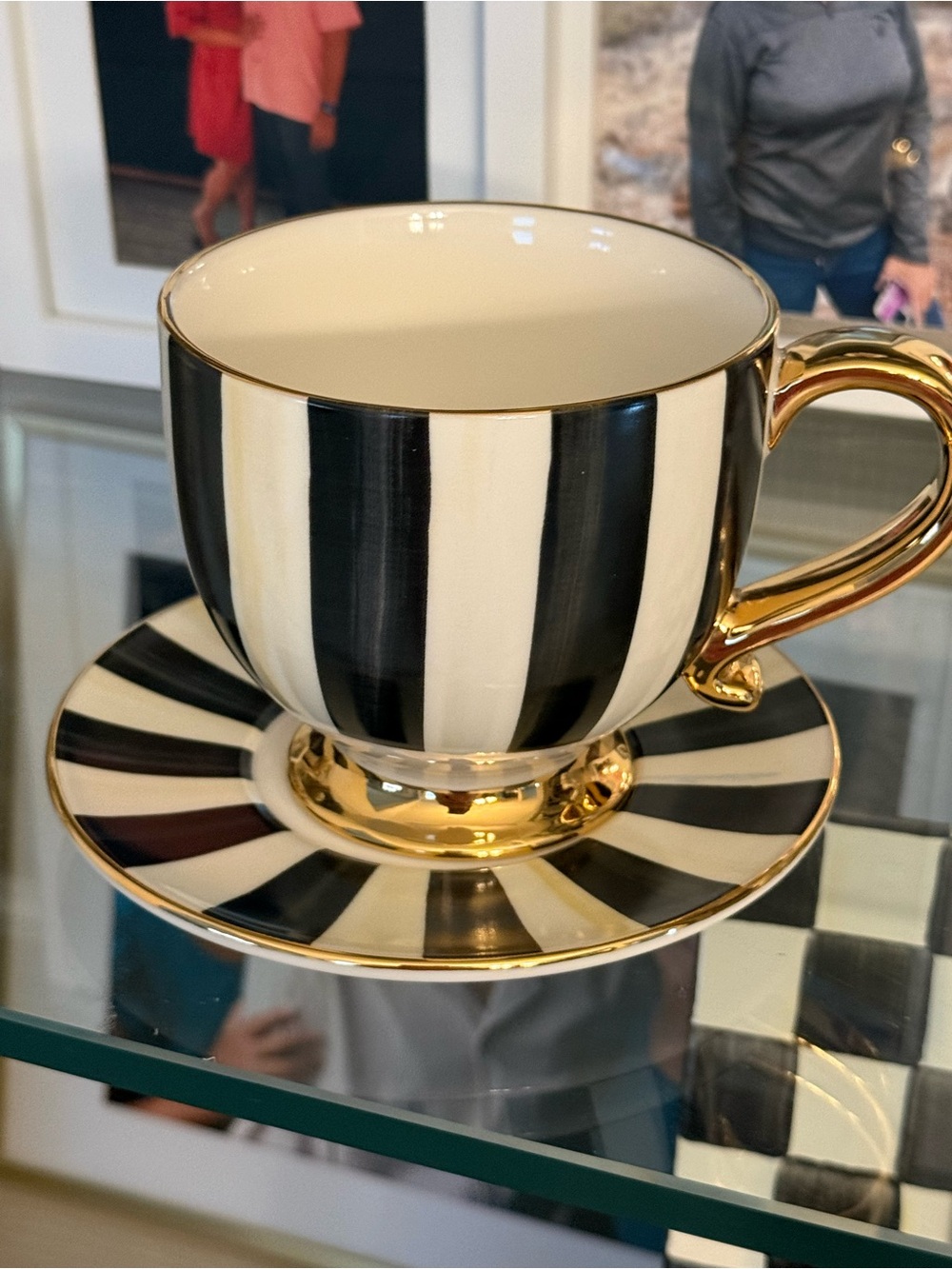 MacKenzie-Childs Black and White Striped Teacup and Saucer with Gold Trim